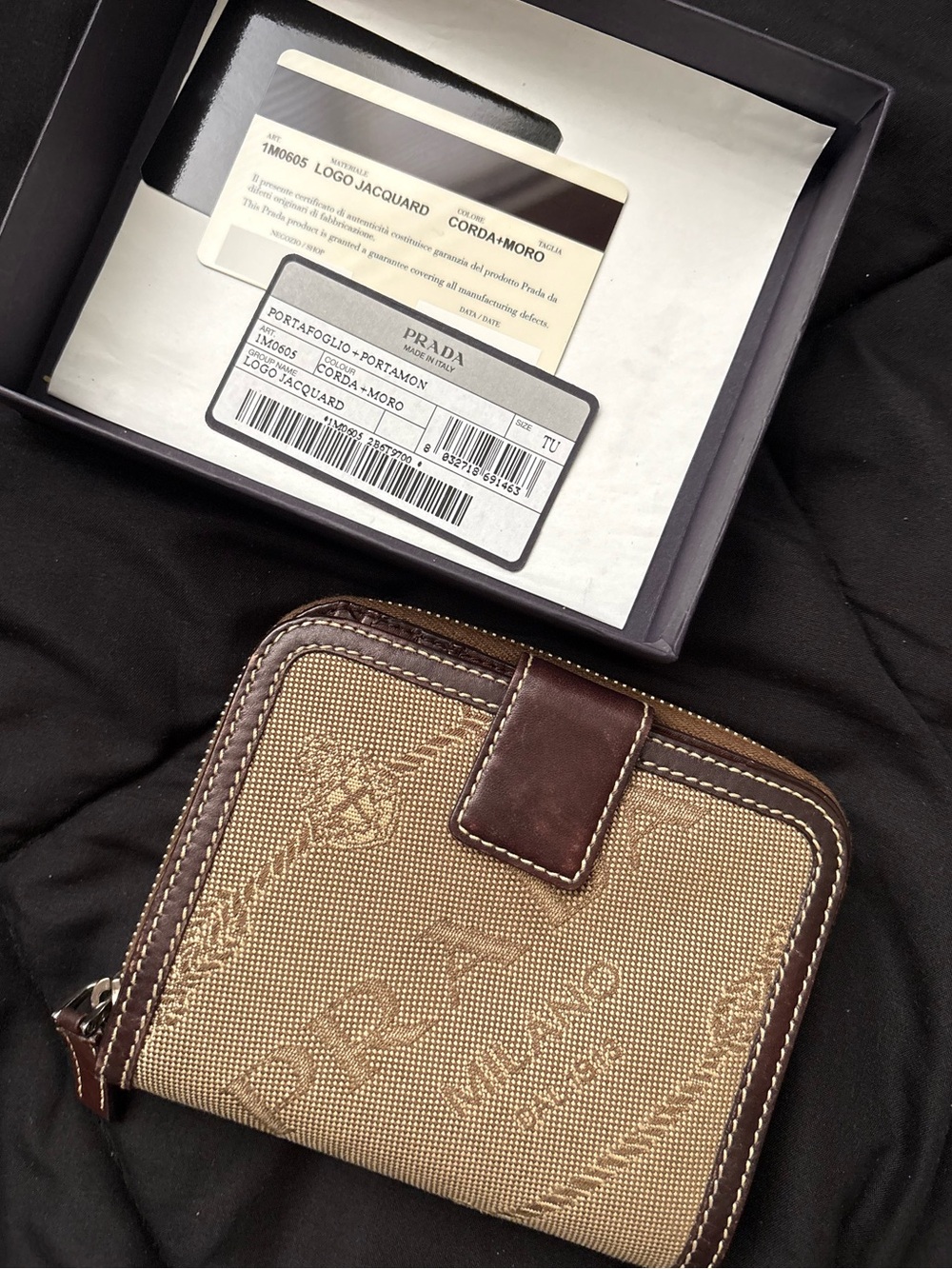 Prada iconic logo Jacquard canvas compact Zippy Wallet